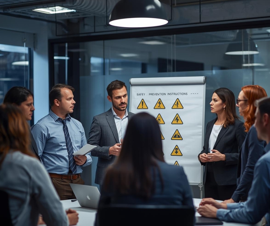 manager entouré de son équipe, discutant de consignes de sécurité autour d’un tableau blanc affichant des pictogrammes de prévention